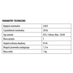 LAMPA HALOGENOWA PRZENOŚNA 150W CE, MEGA 66154