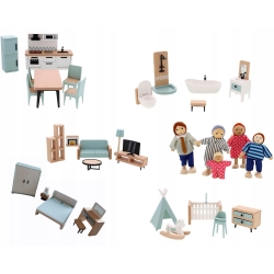 DREWNIANE MEBELKI DLA LALEK MEBLE ZESTAW SYPIALNIA